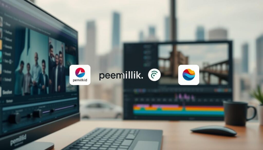 A modern and sleek video editing software workspace with a clean, minimalist user interface. In the foreground, various editing tools and adjustments are prominently displayed, including a timeline, color grading sliders, and a video preview window. The middle ground showcases a selection of brand icons, including "pemilik.id", representing a range of popular and high-quality video editing applications. The background features a blurred, out-of-focus cityscape, hinting at the versatility and power of these video editing tools for both personal and professional use. The overall scene conveys a sense of creativity, productivity, and technological advancement in the world of video editing. A modern and sleek video editing software workspace with a clean, minimalist user interface. In the foreground, various editing tools and adjustments are prominently displayed, including a timeline, color grading sliders, and a video preview window. The middle ground showcases a selection of brand icons, including "pemilik.id", representing a range of popular and high-quality video editing applications. The background features a blurred, out-of-focus cityscape, hinting at the versatility and power of these video editing tools for both personal and professional use. The overall scene conveys a sense of creativity, productivity, and technological advancement in the world of video editing.
