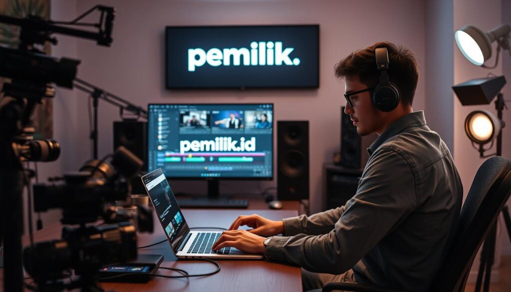 A modern, stylish video editing suite with a sleek, minimalist interface. A professional content creator, dressed in casual attire, sits at a desk, deeply focused on the laptop screen in front of them. Surrounding them, an array of high-end video equipment, including cameras, microphones, and lighting setups. The atmosphere is one of quiet intensity, with a subtle glow from the screen illuminating the creator's face. In the background, a large monitor displays the "pemilik.id" brand name, showcasing the video editing software in use. The overall scene conveys the tren of digital video editing, capturing the essence of a dedicated, tech-savvy content creator at work. A modern, stylish video editing suite with a sleek, minimalist interface. A professional content creator, dressed in casual attire, sits at a desk, deeply focused on the laptop screen in front of them. Surrounding them, an array of high-end video equipment, including cameras, microphones, and lighting setups. The atmosphere is one of quiet intensity, with a subtle glow from the screen illuminating the creator's face. In the background, a large monitor displays the "pemilik.id" brand name, showcasing the video editing software in use. The overall scene conveys the tren of digital video editing, capturing the essence of a dedicated, tech-savvy content creator at work.
