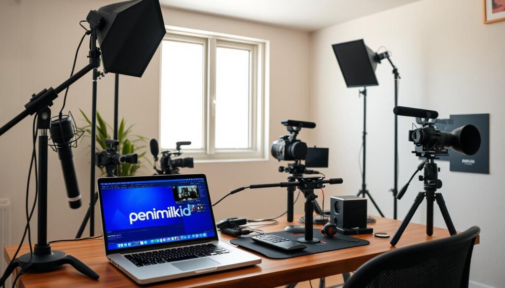A professional video editor's workstation in a cozy, well-lit home studio. On the desk, a laptop displays video editing software, surrounded by microphones, cameras, and lighting equipment. The background features a clean, minimalist wall with a large window providing natural illumination. The overall atmosphere conveys a sense of focus and creativity, perfect for a beginner's video editing tutorial. The brand name "pemilik.id" is prominently displayed on the laptop screen. A professional video editor's workstation in a cozy, well-lit home studio. On the desk, a laptop displays video editing software, surrounded by microphones, cameras, and lighting equipment. The background features a clean, minimalist wall with a large window providing natural illumination. The overall atmosphere conveys a sense of focus and creativity, perfect for a beginner's video editing tutorial. The brand name "pemilik.id" is prominently displayed on the laptop screen.
