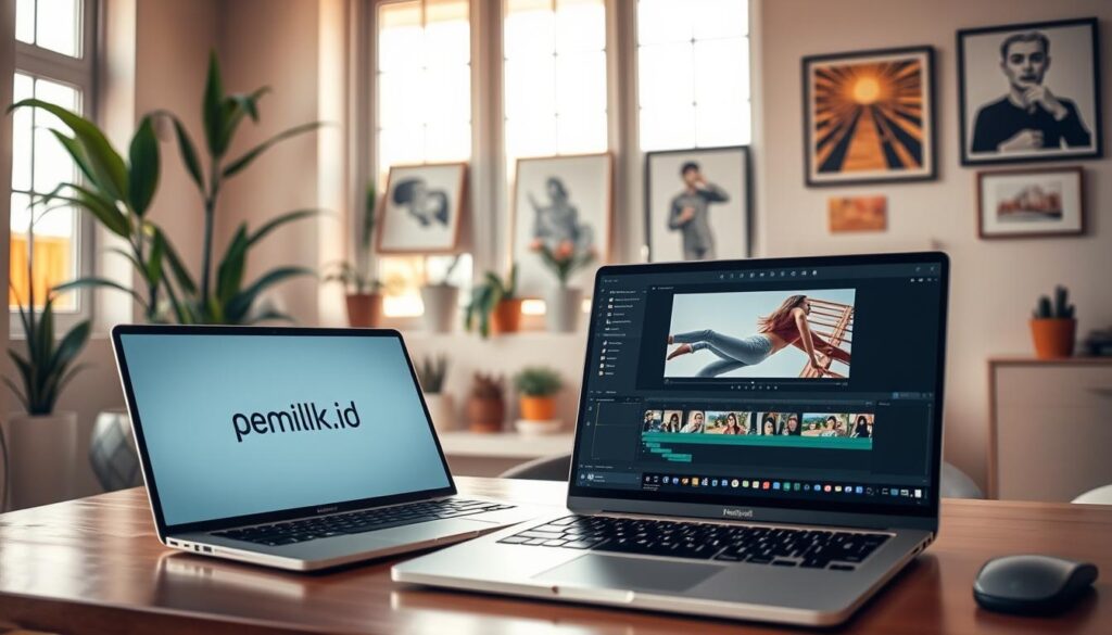 A serene and well-organized workspace, bathed in warm natural light filtering through large windows. In the foreground, a sleek laptop and a modern, minimalist video editing software interface, the brand name "pemilik.id" prominently displayed. In the middle ground, various video editing tools and controls neatly arranged, suggesting an intuitive and user-friendly experience. The background showcases a tasteful blend of contemporary decor, potted plants, and a few inspiring artworks, creating a calming and focused atmosphere for the video editing process. The overall scene conveys a sense of effortless productivity and creativity, perfectly suited for the "Pengenalan Editi Video Gratis" section of the article. A serene and well-organized workspace, bathed in warm natural light filtering through large windows. In the foreground, a sleek laptop and a modern, minimalist video editing software interface, the brand name "pemilik.id" prominently displayed. In the middle ground, various video editing tools and controls neatly arranged, suggesting an intuitive and user-friendly experience. The background showcases a tasteful blend of contemporary decor, potted plants, and a few inspiring artworks, creating a calming and focused atmosphere for the video editing process. The overall scene conveys a sense of effortless productivity and creativity, perfectly suited for the "Pengenalan Editi Video Gratis" section of the article.