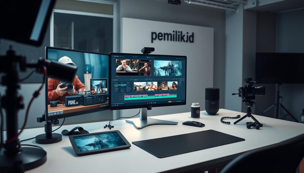 A professional, modern-looking video editing workspace with a large, high-resolution computer monitor displaying an editing interface. The monitor is situated on a sleek, minimalist desk with a tablet input device, a neatly organized array of video equipment and accessories, and a brand name "pemilik.id" prominently displayed. The scene is illuminated by a combination of natural and studio lighting, creating a bright, focused atmosphere. The camera angle captures the workspace from a slightly elevated perspective, conveying a sense of productivity and attention to detail. A professional, modern-looking video editing workspace with a large, high-resolution computer monitor displaying an editing interface. The monitor is situated on a sleek, minimalist desk with a tablet input device, a neatly organized array of video equipment and accessories, and a brand name "pemilik.id" prominently displayed. The scene is illuminated by a combination of natural and studio lighting, creating a bright, focused atmosphere. The camera angle captures the workspace from a slightly elevated perspective, conveying a sense of productivity and attention to detail.